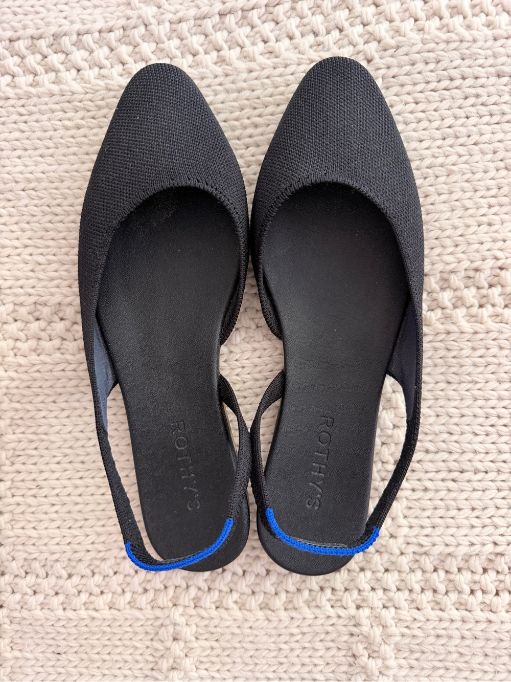 Rothy's Black Knit Slingback Flats with Blue Heel Trim